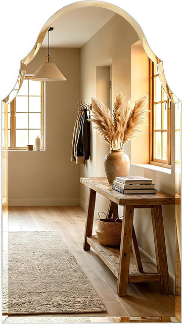 24 x 40 Inch Large Scalloped Arch Mirror, Frameless Beveled Vanity Mirror for Bathroom, Over Sink, Mantel