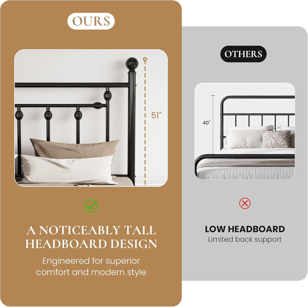 14" Queen Metal Platform Bed Frame/Victorian Headboard and Footboard/Steel Slats Mattress Foundation for Storage/No