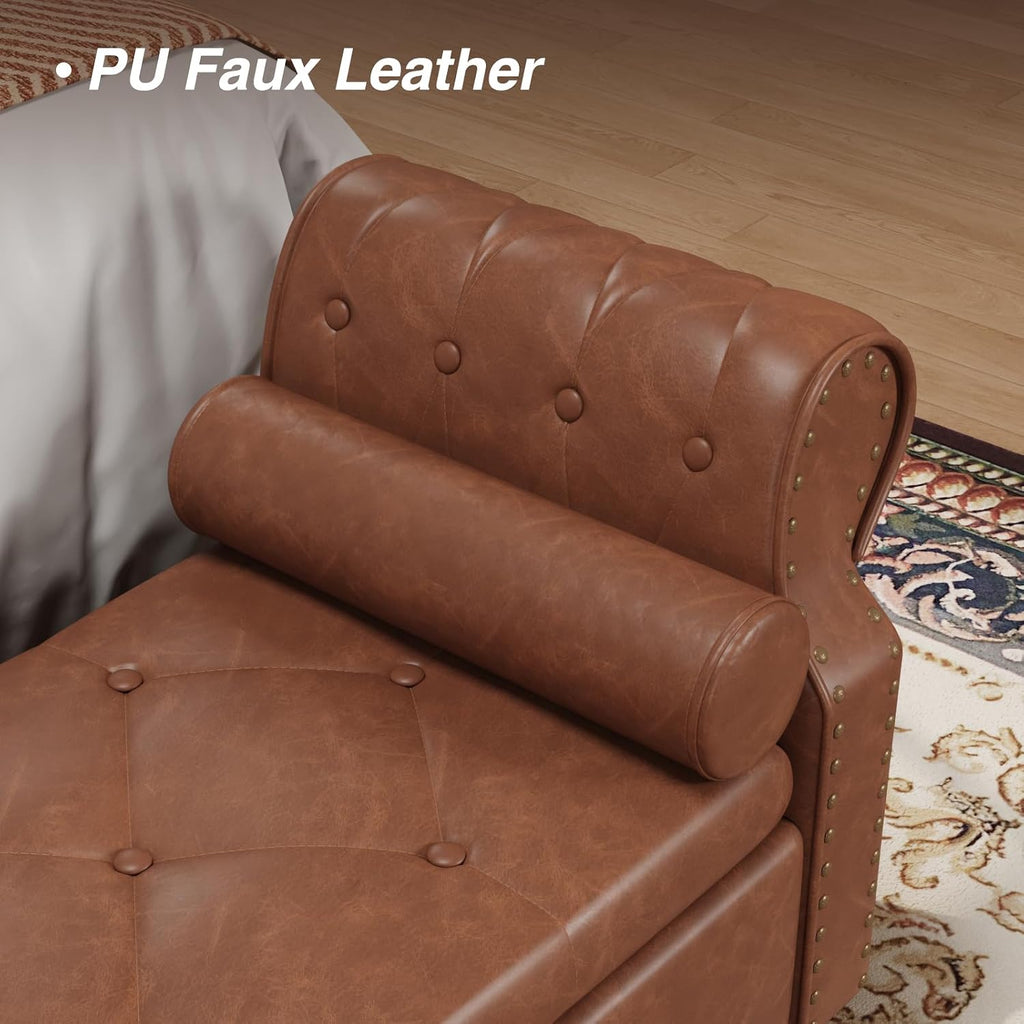65" End of Bed Storage Bench with Rolled Arms,Storage Ottoman | Large Upholstered Shoe Benches with Nailhead