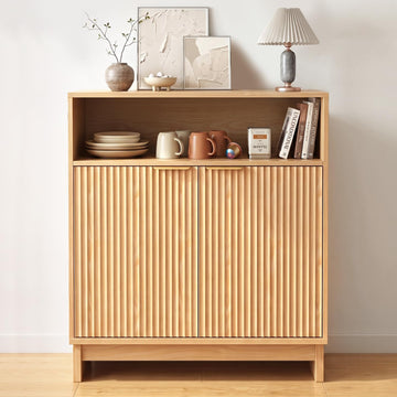 Buffet Cabinet with Storage, 31.5" Wide Kitchen Sideboard Cabinet | Mid Century Modern Wood Fluted Cabinet with