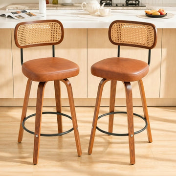 Rattan Bar Stools Set of 2, Upholstered PU Leather, 30''Counter Height Barstools with Back and Wood