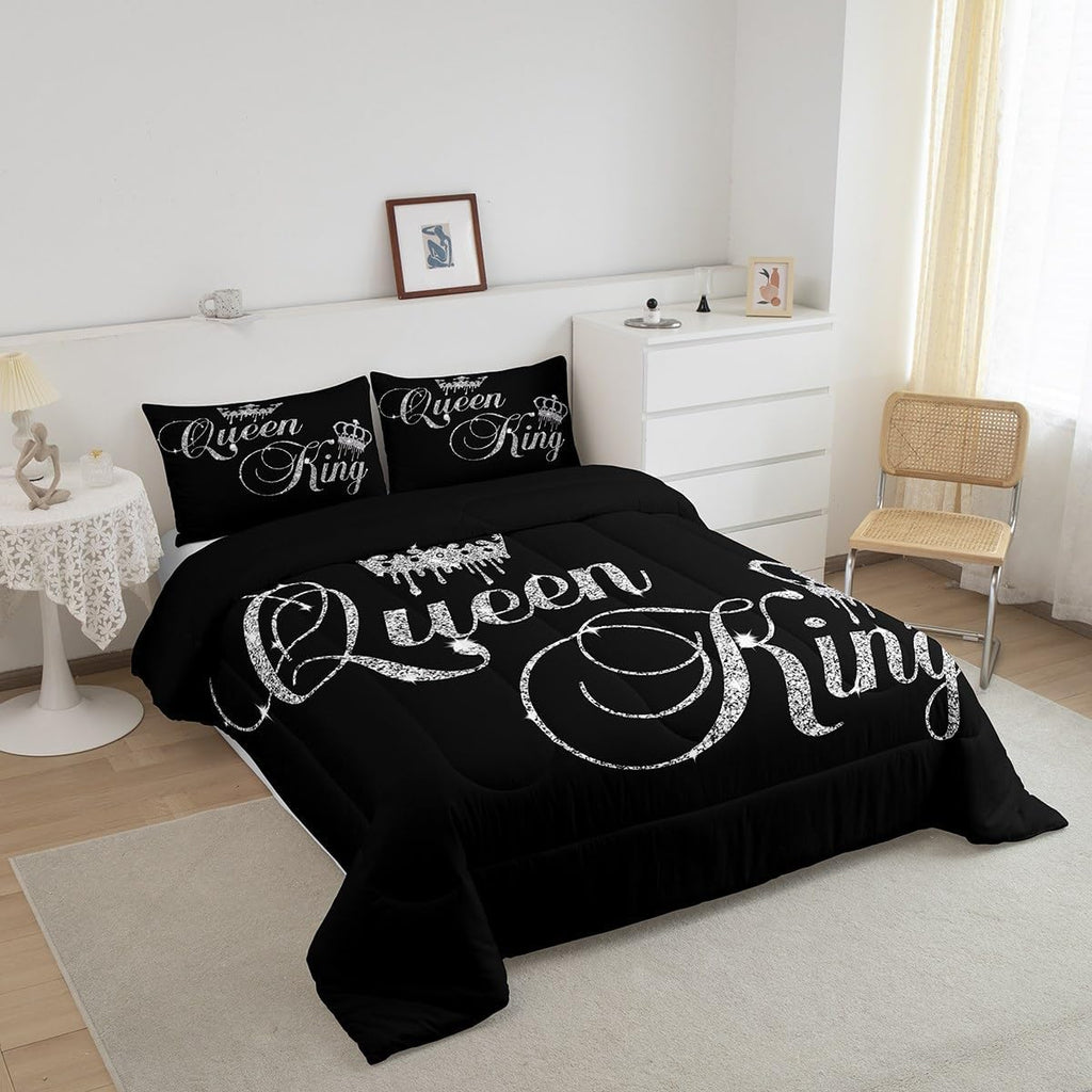 Crown Queen and King Couple Comforter Sets His and Hers Bedding Set for Teens Women Men Black Grey Twin,Lover