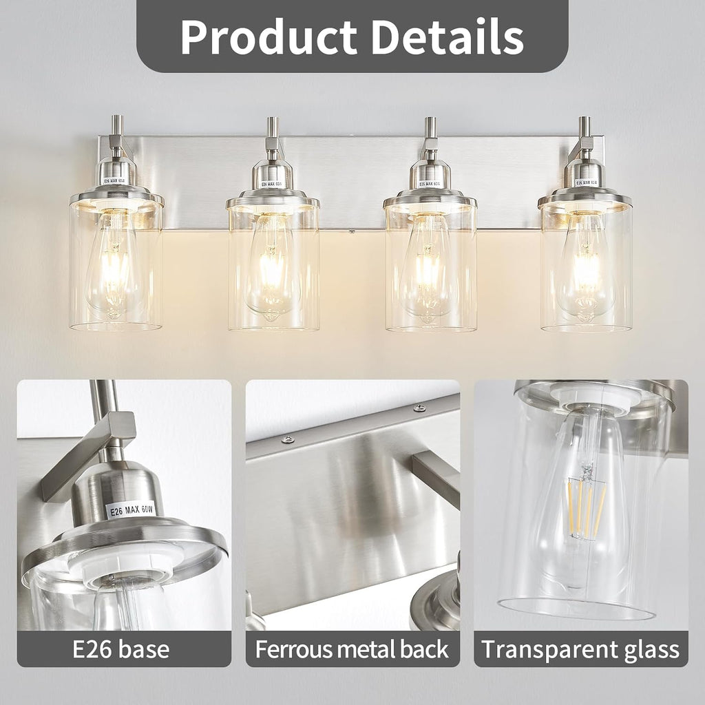 4-Light Brushed Nickel Bathroom Light Fixture Over Mirror Modern Bathroom Vanity Light Vintage Wall Lighting with