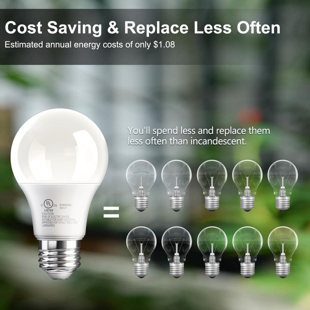 6 Pack A19 LED Light Bulbs, 60 Watt Equivalent LED Bulb, Soft Warm White 2700K, Efficient 9W, E26 Standard Base, Non