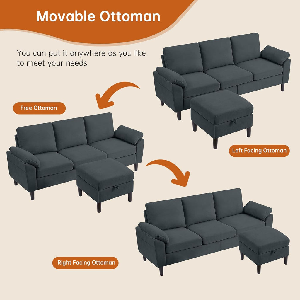 Convertible Sectional Sofa, Modern L Shaped 3-seat Sofa, 79" Linen Fabric Small Sectional Couch with Movable Ottoman