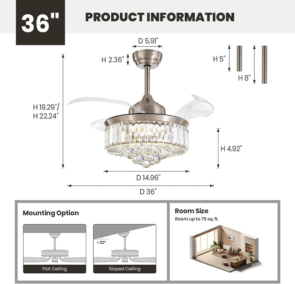 36 Inch Crystal Chandelier Fan, Ceiling Fan with Light and Remote Control, Invisible Retractable Fandelier, Dimmable