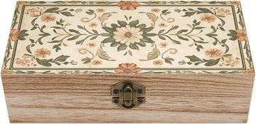Boho Floral Wooden Storage Box (7.9" X 3.9" X 2.3"),Vintage Wooden Jewelry Box with Hinged Lid Natural Wood Keepsake