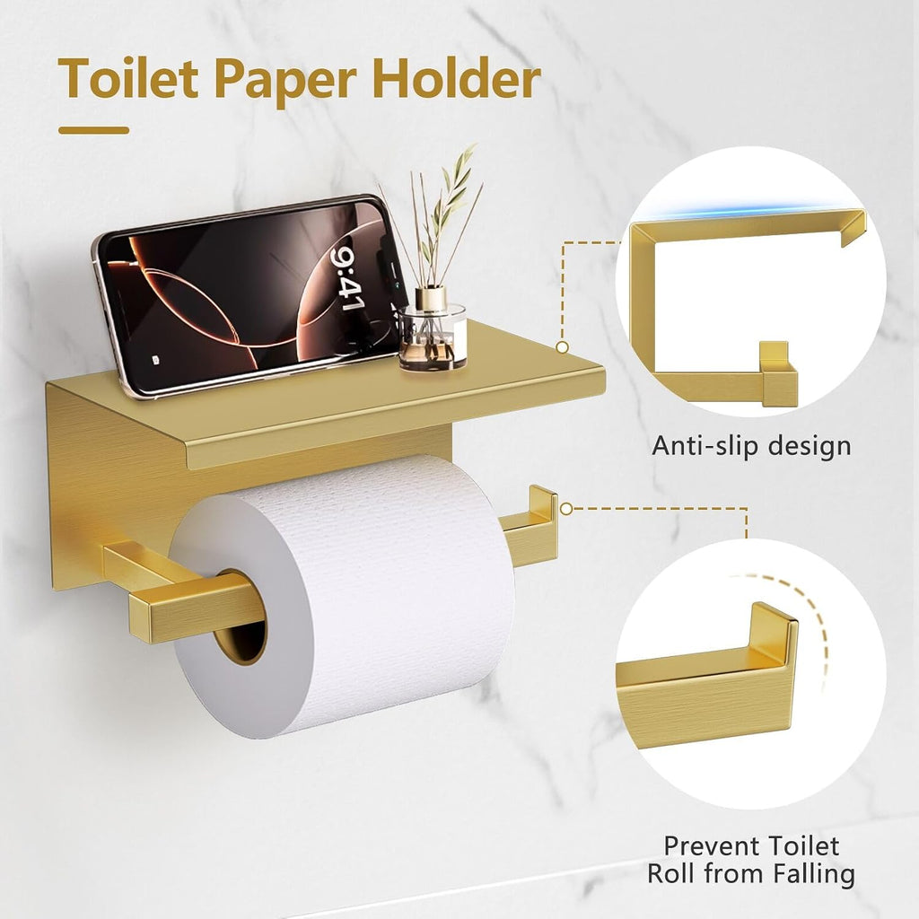 5-Pieces Brushed Gold Bathroom Hardware Accessories Set 23.6" SUS304 Stainless Steel Towel Bar Set Wall Mounted