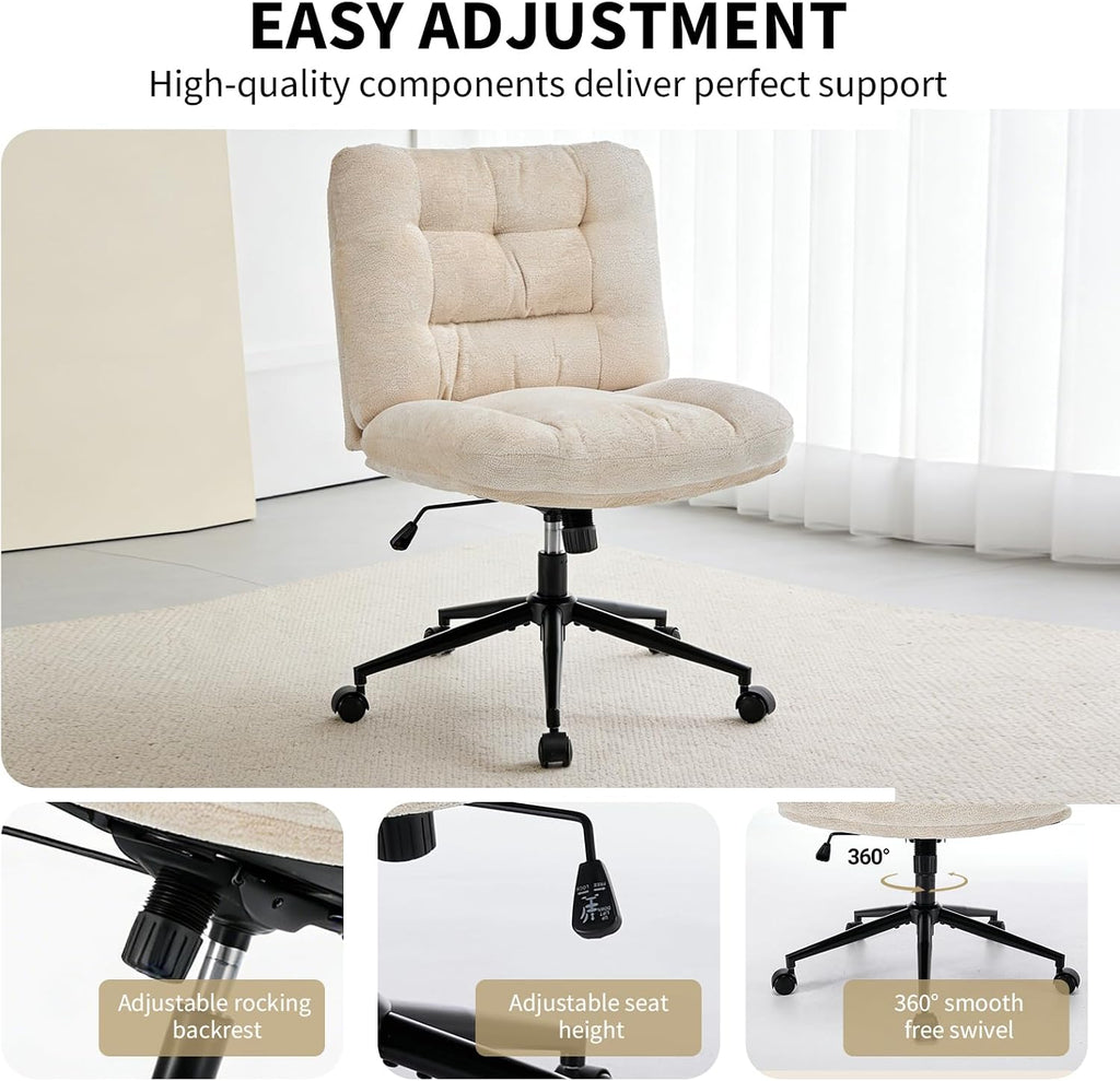 Home with Wheels, Armless Vanity Desk Chair in Soft Chenille Fabric, Double Cushion Wide Seat, Swivel Height