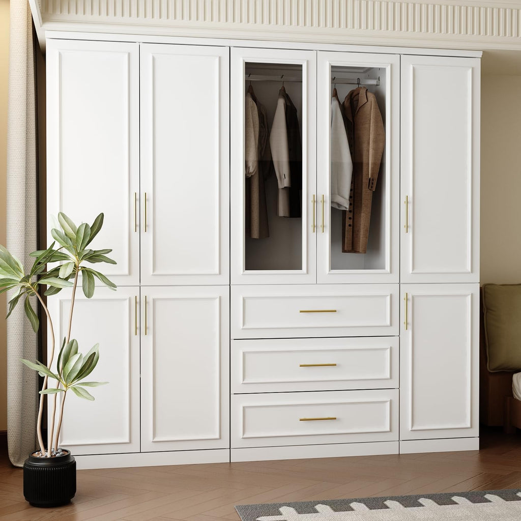 Wardrobe Closet Collection with Doors, Modern White Bedroom Armoire System with Gold Handles, Modern Clothes Storage