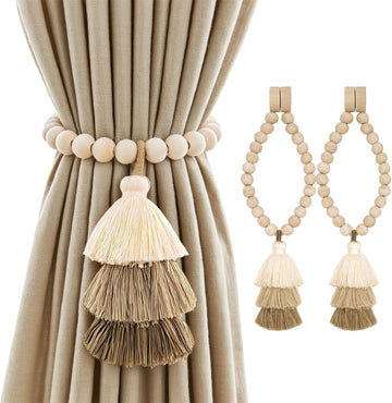 Magnetic Curtain Tiebacks with Wood Beads, Boho Rope Drapery Holdbacks with Triple Tassels, No Drill Curtain Holders