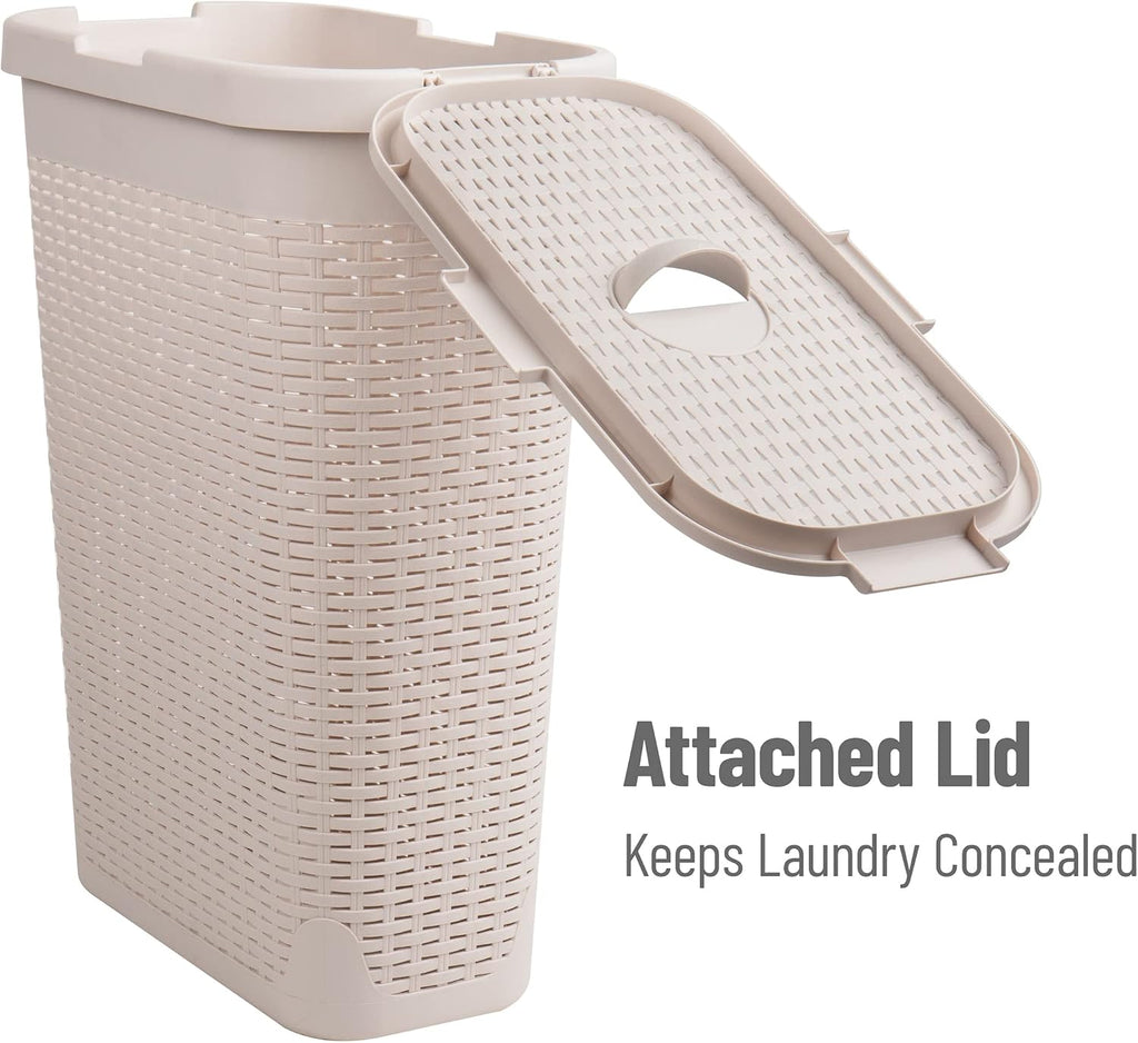 Slim Laundry Hamper with Lid, 40L Clothes Basket, Narrow Tapered Design with Ventilated Cutout Pattern, Plastic, Ivory