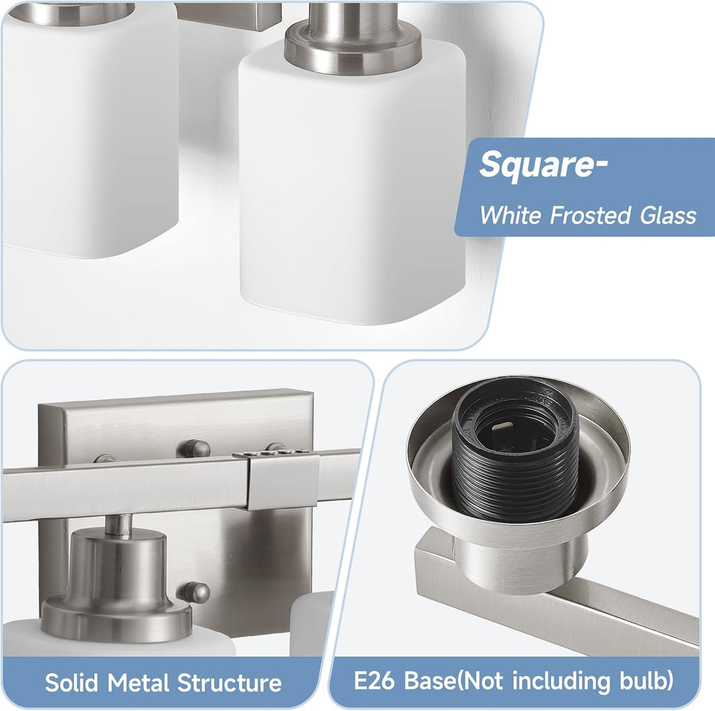 4-Light Bathroom Vanity Light,Brushed Nickel Vanity Lights with Square Frosted Glass,Modern Bathroom Wall Lights