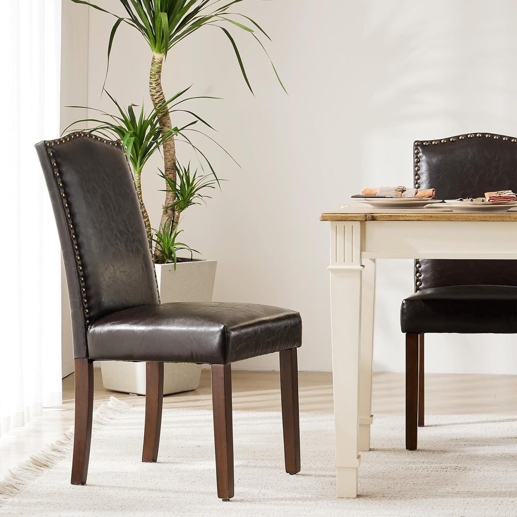 Upholstered Dining Chairs,Set of 2 PU Leather Dining Room Kitchen Chair with Nailhead Trim and Wood Legs, Modern Side