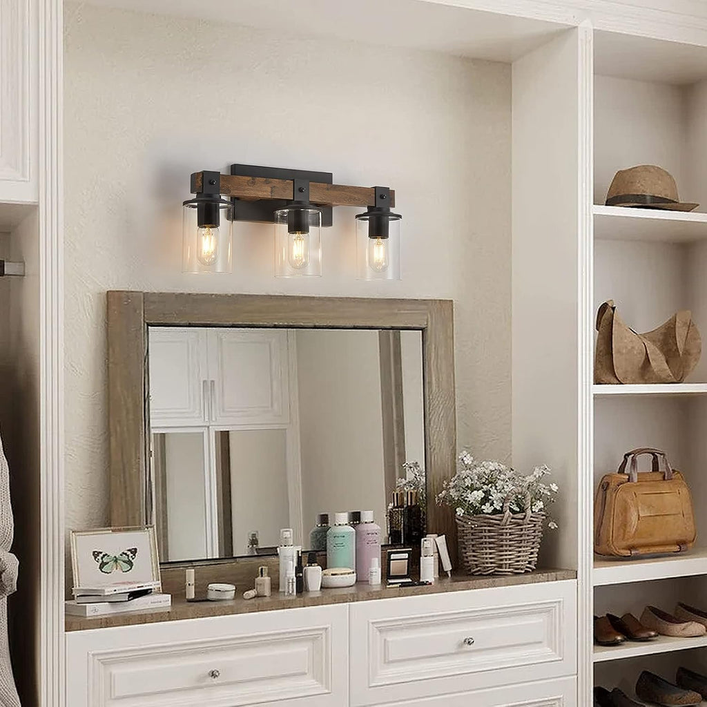 Farmhouse Vanity Light Fixture,3-Light Bathroom Wood Wall Light Over Mirror with Clear Glass Shade, Rustic Vintage