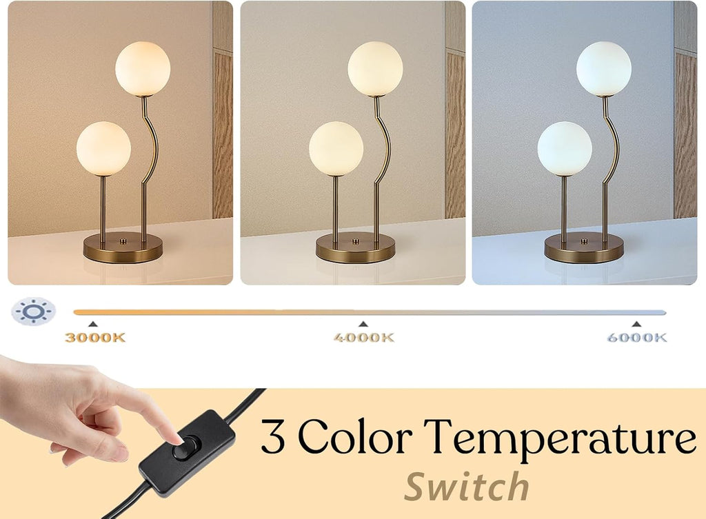 Mid Century Gold Globe Table Lamp 2-Light Orb Modern Beside Desk Table Light with Milk White Glass Shade Metal Base