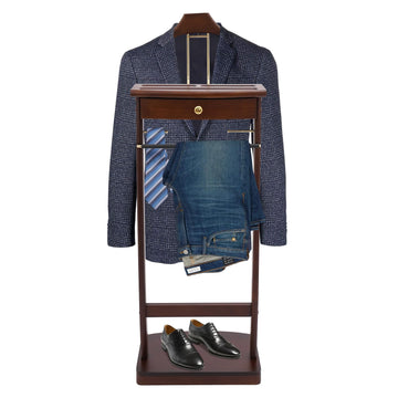 Wooden Valet Stand, Clothes Valet Stand for Men Freestanding Suit Clothes Valet with Drawer, Tray, Contour Hanger