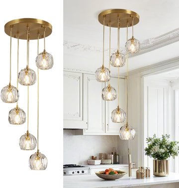 Modern 6 Lights Cluster Pendant Lighting Multi Light Gold Crystal Chandelier Pendant Light Mid Century Anti Brass Clear Glass Round Ceiling Hanging Light Fixture