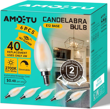 E12 40Watt Frosted LED Candelabra Candle Bulb CA10 2700K Dimmable 6PK