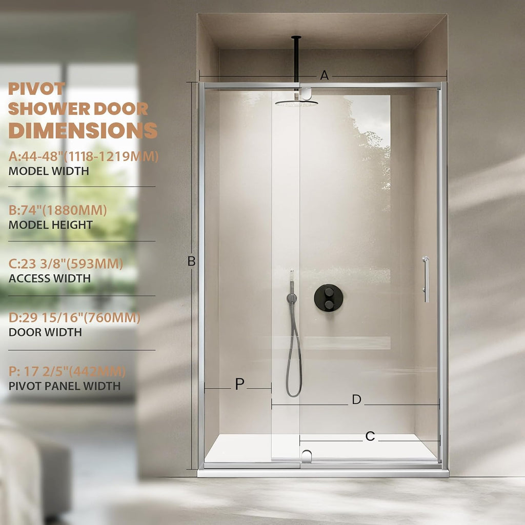 44-48”W x 74" H Pivot Shower Door, Shower Glass Door with 1/4" (6mm) Clear SGCC Tempered Glass