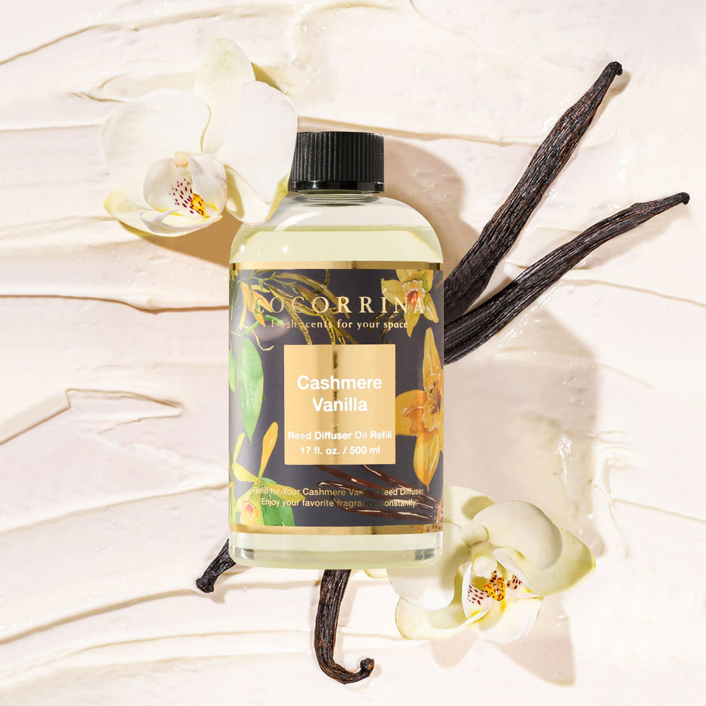 Reed Diffuser Refill Cashmere Vanilla 17oz (500ml) with 8 Rattan Sticks - Premium Long-Lasting Essential Oil, Home