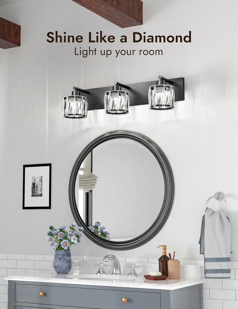 Crystal Vanity Lights s, 3 Light Bathroom Vanity Light, Modern Matte Black Bathroom Light Over Mirror, Black