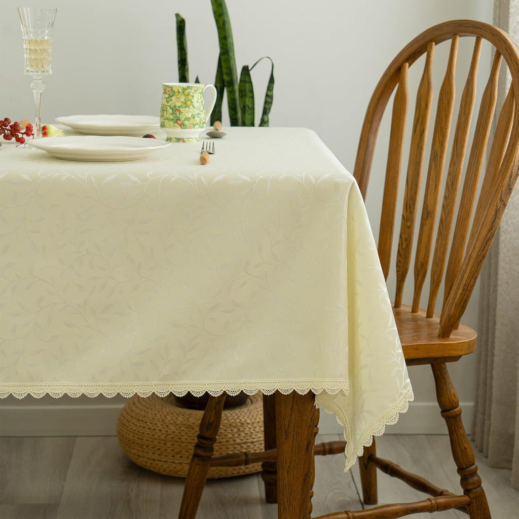 Textured Tablecloth Waterproof Spillproof Lace Trim Rectangle Jacquard Fabric Table Cloth, Kitchen D