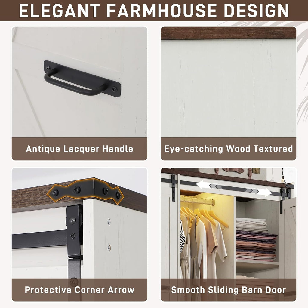 Farmhouse 4 Doors Armoire Wardrobe Closet w/Folding Sliding Barn Door and Lights, LED Armoire Closet w/Drawers
