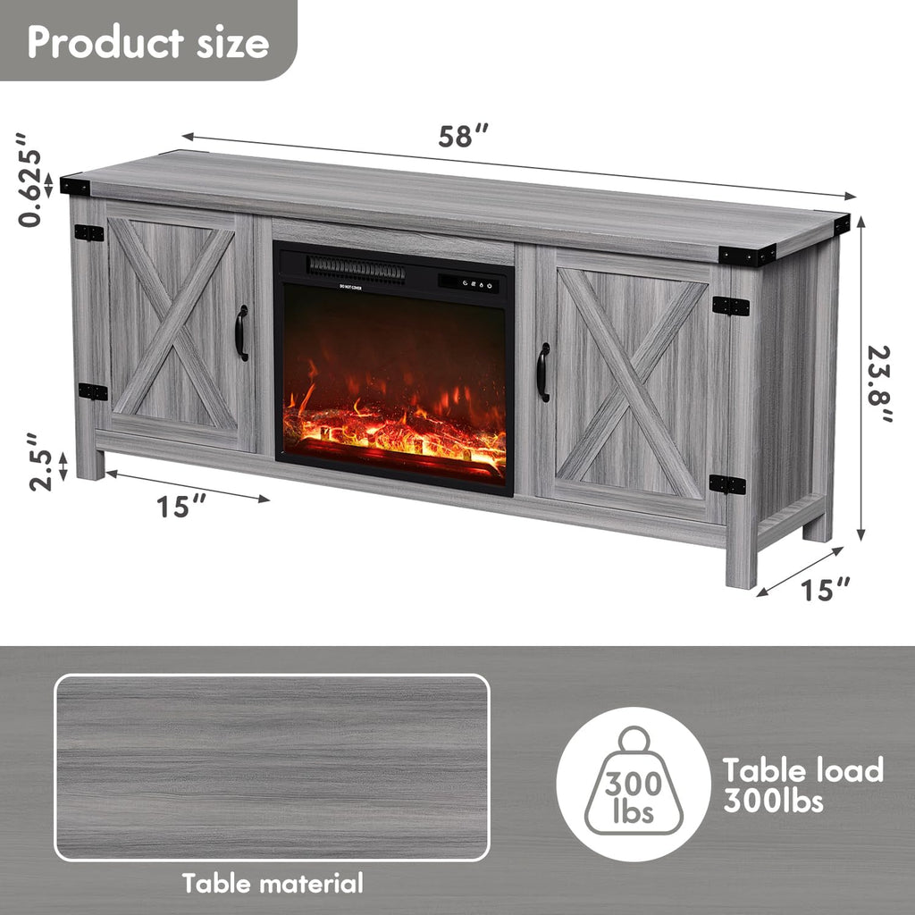 Fireplace TV Stand with Two Barn Doors and Storage Cabinets for Televisions up to 65+ Inch, Entertainment Center