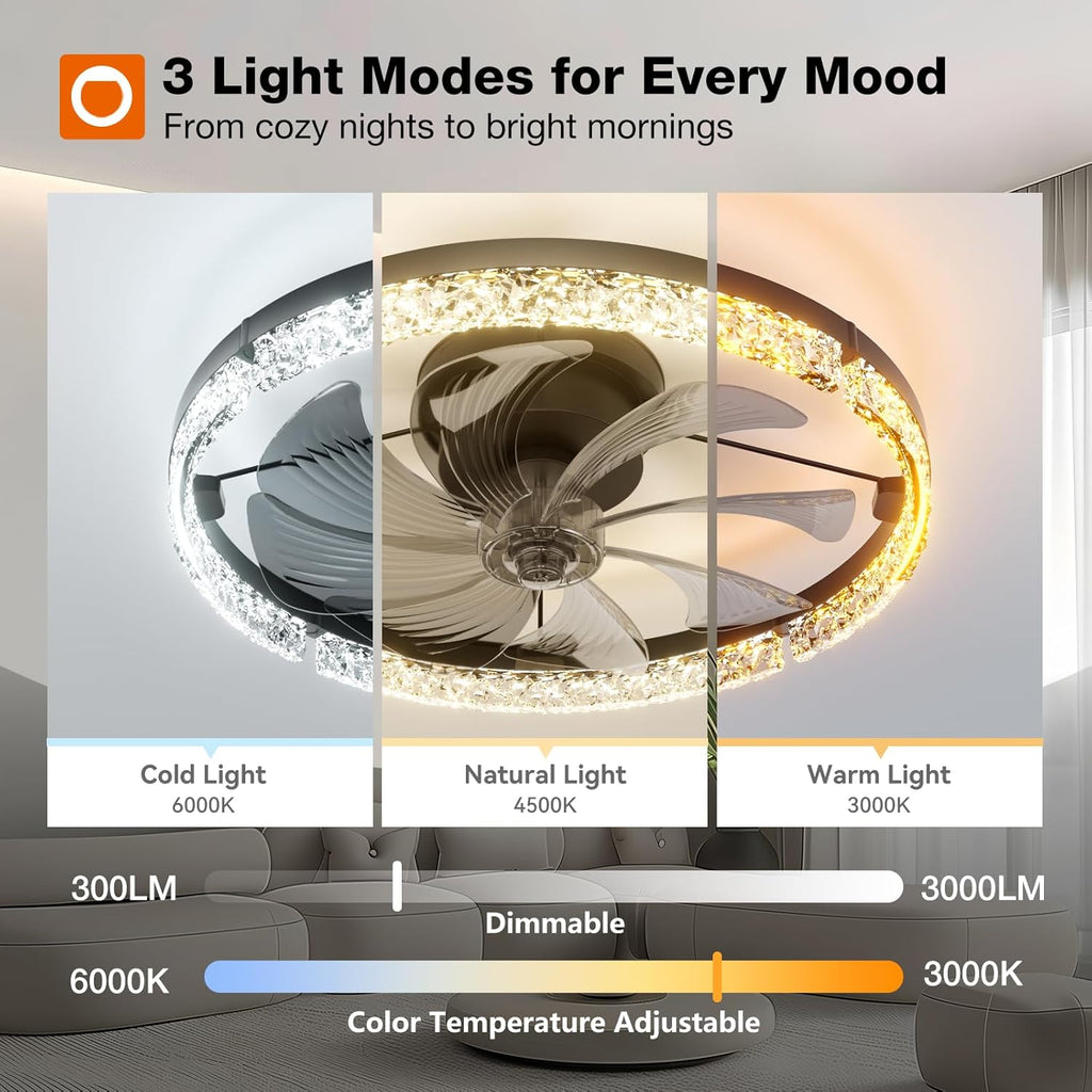 Ceiling Fans with Lights and Remote, 20'' Low Profile Ceiling Fans, 3000-6000K Dimmable Modern Flush Mount LED Fan Light, Fandelier Ceiling Fan for Bedroom, Kitchen, Living Room, Black