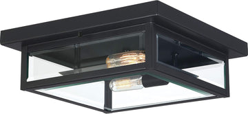 Westover 12" Outdoor Flush Mount Ceiling Light, 2-Light Earth Black with Clear Beveled Glass, E12 Base, ETL Damp Rated