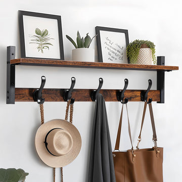 29" Rustic Coat Rack Wall Mount with Shelf, Entryway Wall Hooks with Shelf, Coat Hangers, Rustic Black