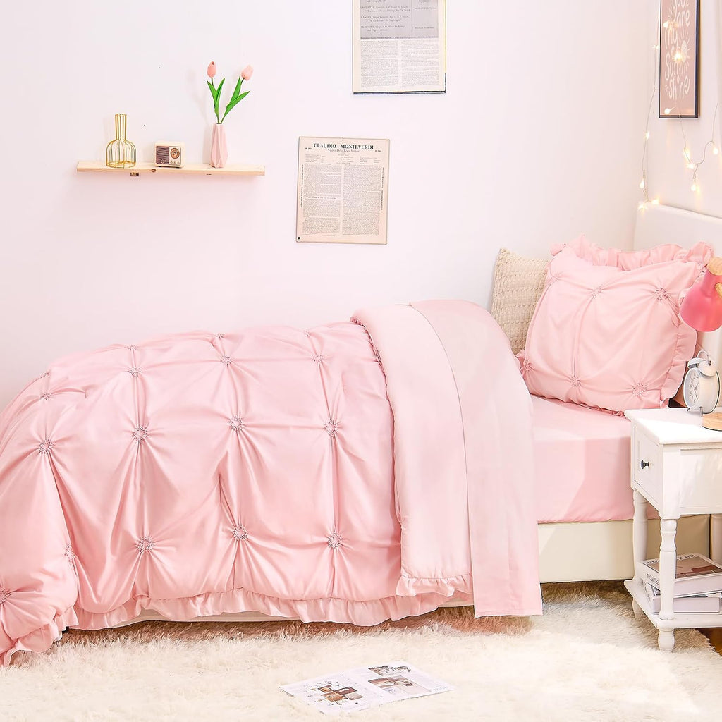 Twin Comforter Set for Girls, Boho Pintuck Bedding Comforter Sets, 4 Pieces Ruffles Jacquard Embroidery Twin Bedding