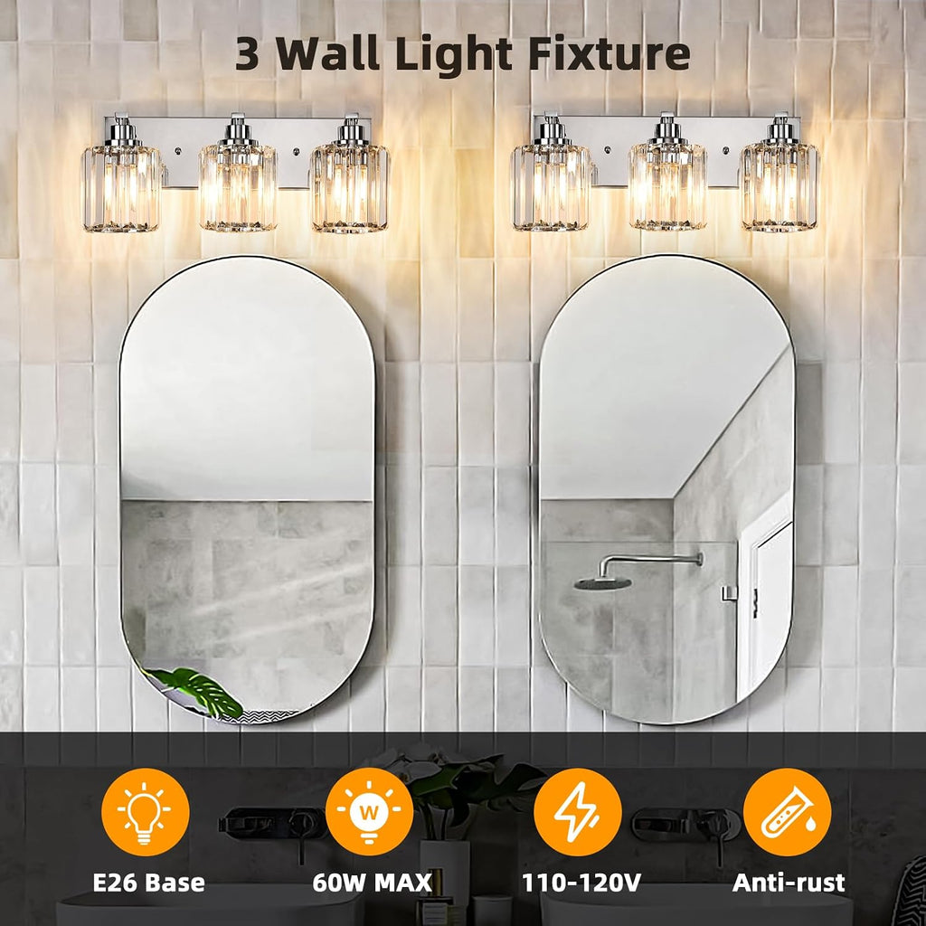 3 Lights Crystal Bathroom Vanity Light Modern Chrome Bathroom Light Fixture Bathroom Lighting Fixtures Over Mirror