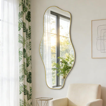 Irregular Wall Mirror, 47.2"x21.6" Gold Asymmetrical Frameless Mirror, Modern Organic Shaped Mirrors Bedroom Hallway