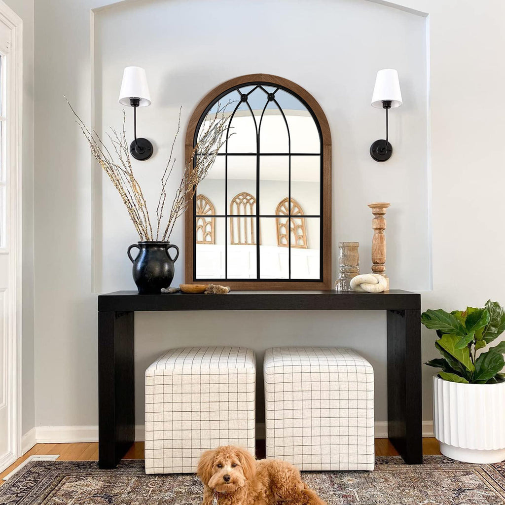 Arched Window Pane Mirror 36x24 Inch Wood Frame, Window Brown