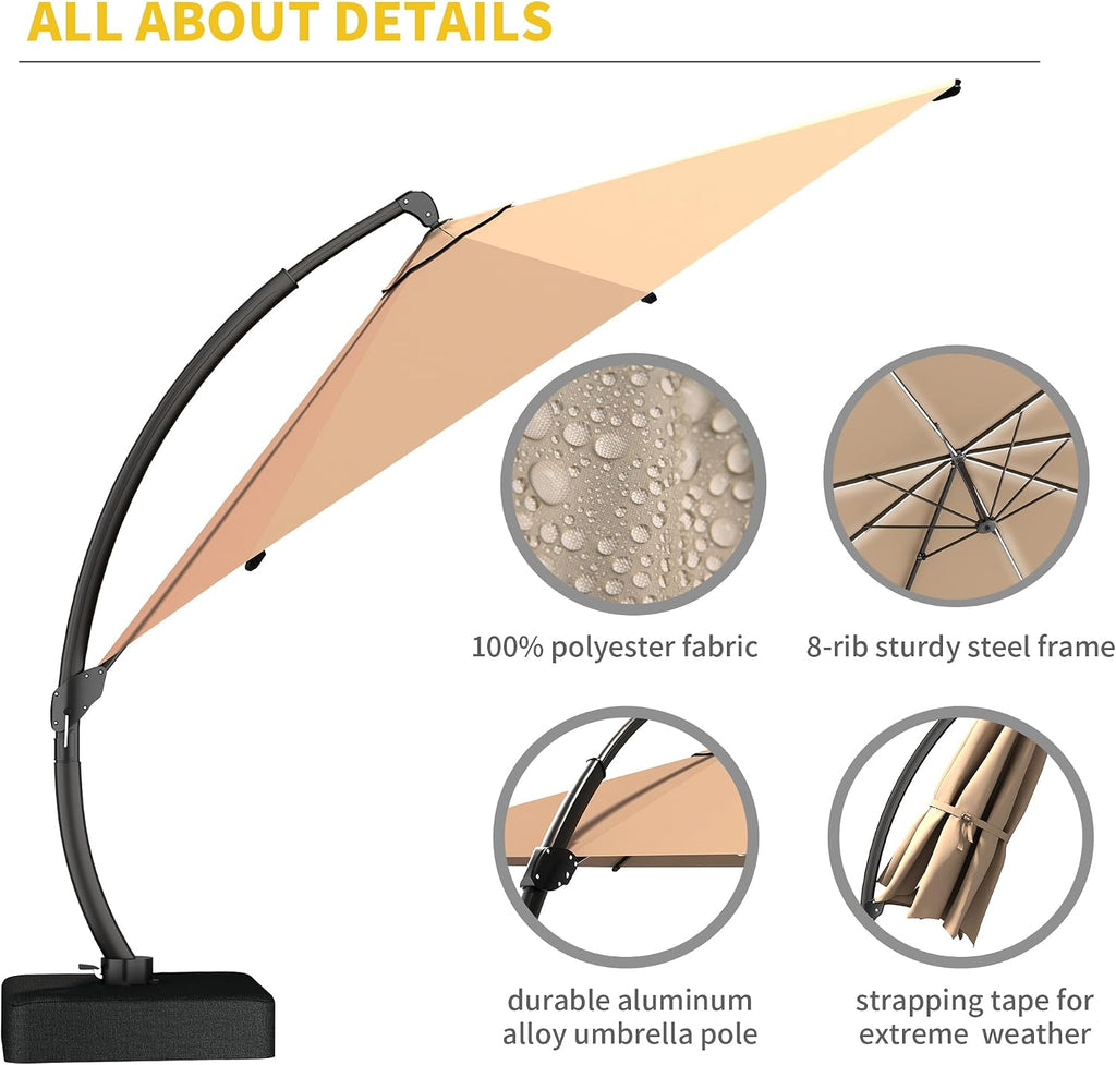11ft Offset Cantilever Patio Umbrella with Solar Lights, Large Round Outdoor Umbrella with Base Included
