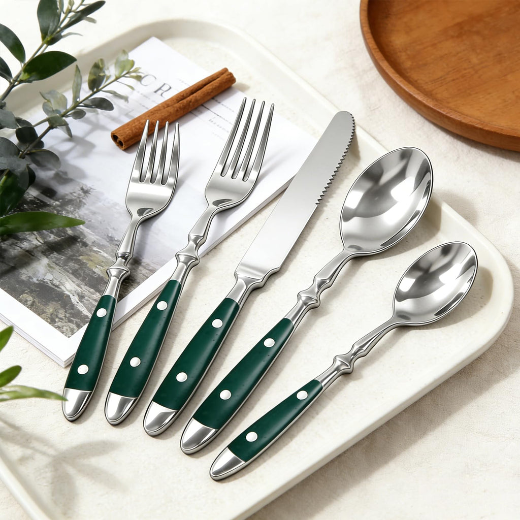 Vintage Silverware Set Service for 4, Flatware Set with Green Bakelite Handle, Stainless Steel Cutlery Set