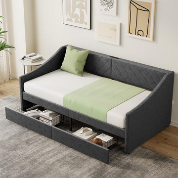 Twin Size Daybed with 2 Storage Drawers, Upholstered Daybed Frame with Charging Station, Heavy Duty Sofa Bed, No Box