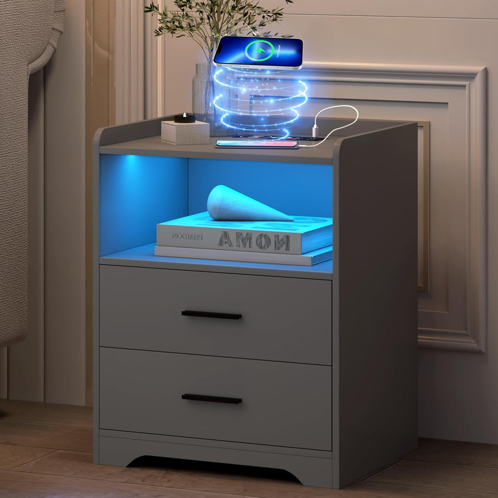 Grey Night Stand with Wireless Charging Station, Nightstand with 2 Drawers, Smart Bedside Table with 24-Color RGB