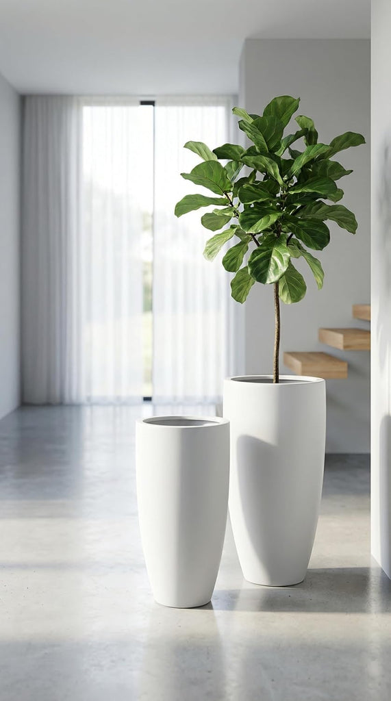 Tall 36" White Fiberglass Planter - Large Modern Lightweight Tapered Round Indoor/Outdoor Elegant Decorative Pot for