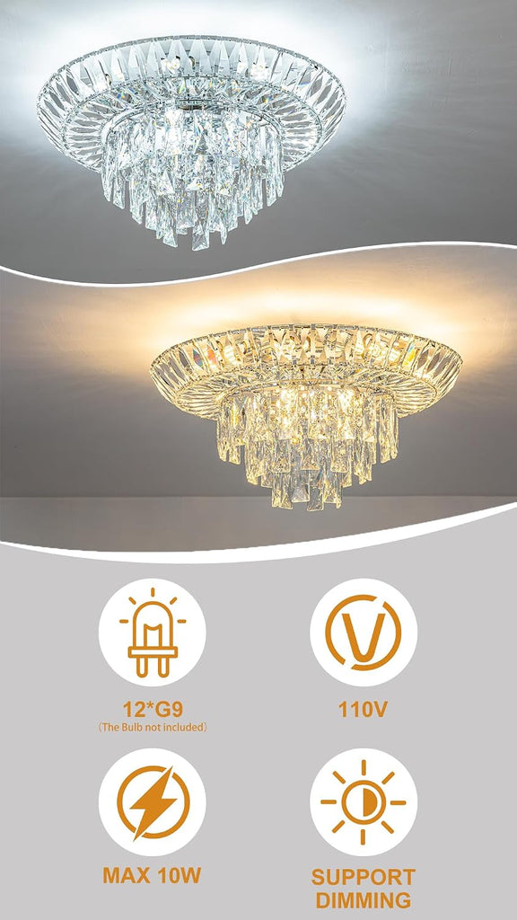 20" Modern Crystal Flush Mount Ceiling Light, 12-Light Tiered Chandelier with Chrome Frame & Rectangular Prism