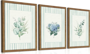 Framed Watercolor Flower Canvas Wall Art Set of 3, Eucalyptus Hydrangea and Green Plant Prints, Fresh Botanical