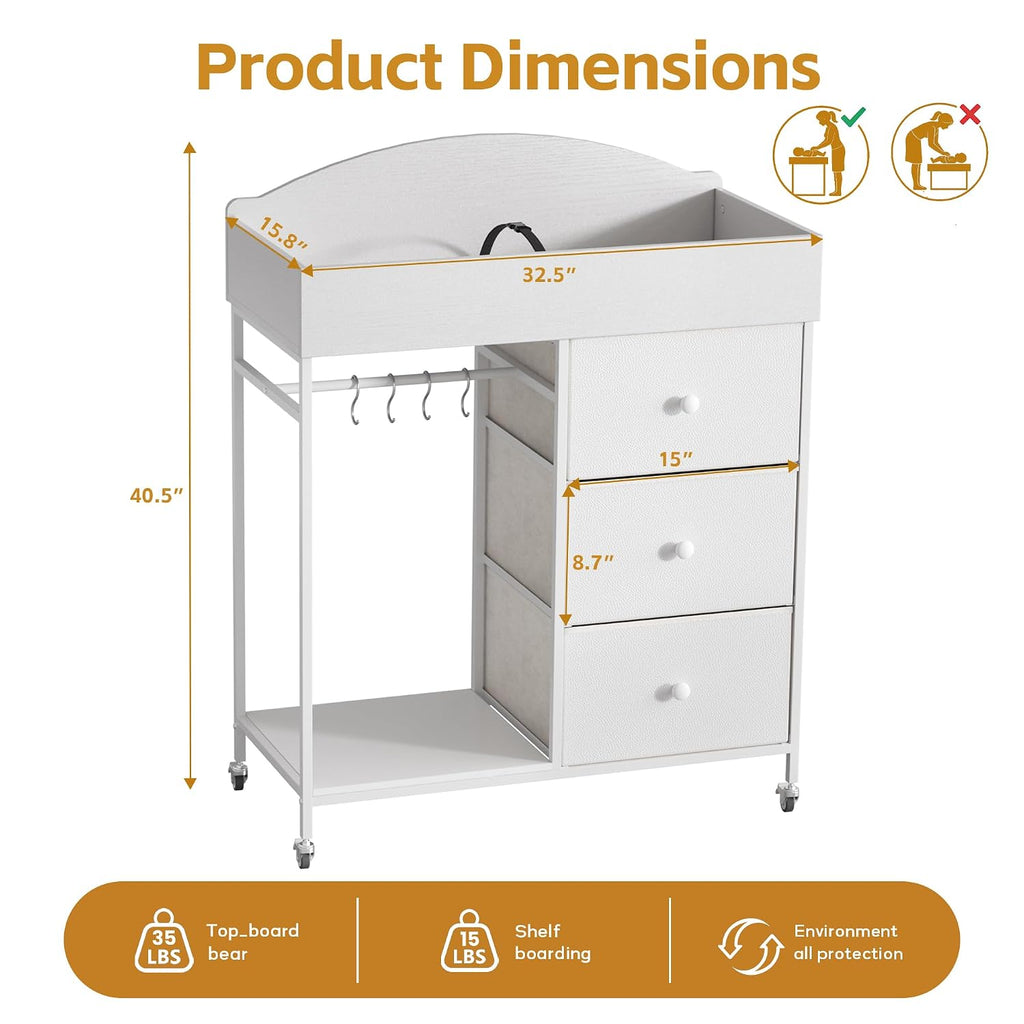 Changing Table Dresser with Clothing Rack and Storage Shelf,3-Drawer Baby Dresser with Changing Table Top,Diaper