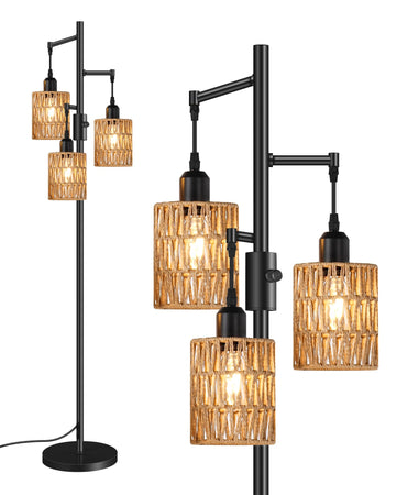 Dimmable Floor Lamp, Farmhouse Tall Standing 70.3" Tree Lamp with 3 Rope Woven Lampshades, Boho Rattan Floor Lights