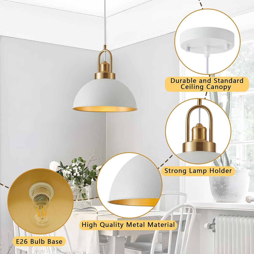 Farmhouse 11.81" White Pendant Light with Gold Finish, Industrial Metal Hanging Lighting Fixtures, Adjustable Height