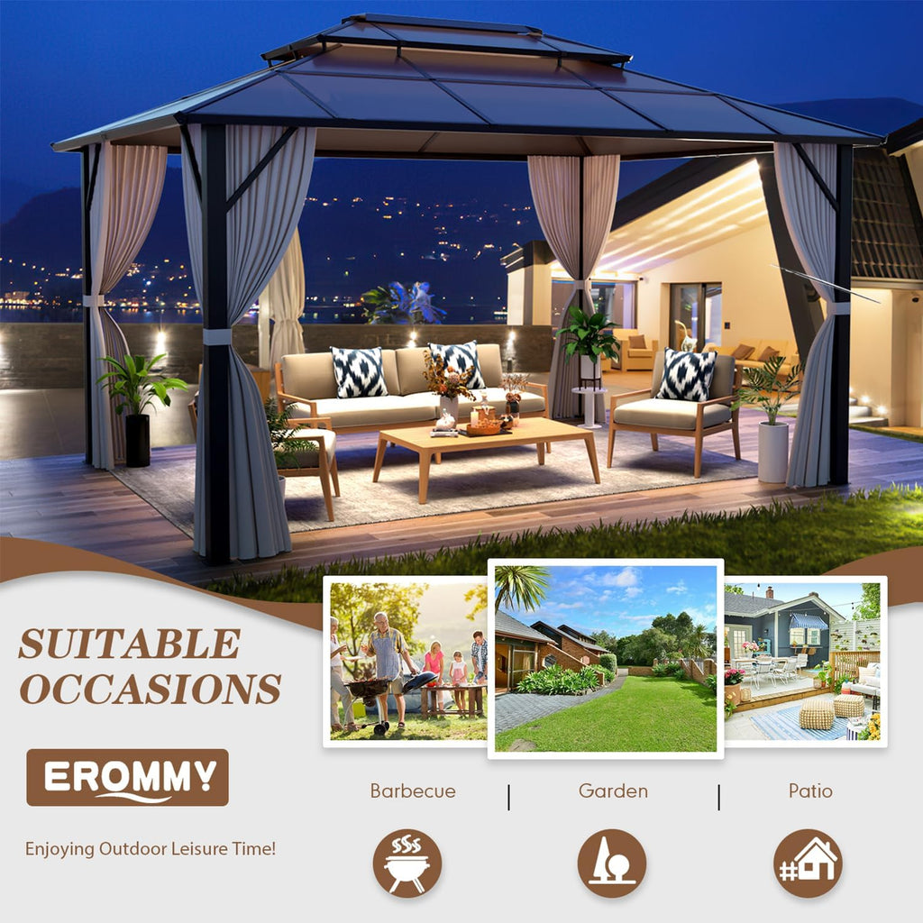 10' x 13' Gazebo Polycarbonate Double Roof Canopy Outdoor Aluminum Frame Pergola