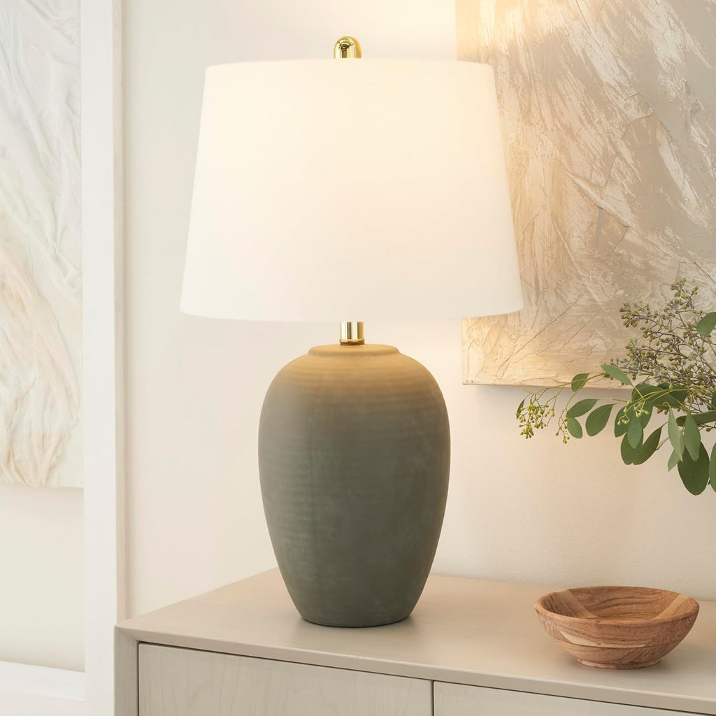 Home 23" Olive Green Ceramic Pot Table Lamp, Dining Office, with White Tapered Drum Shade