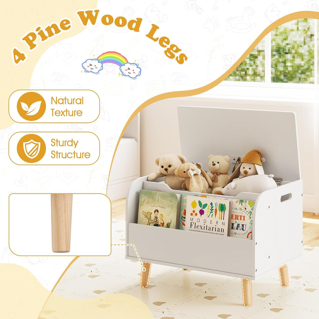Kids Wooden Toy Box w/Front Bookshelf, Toy Storage Organizer w/ 4 Solid Wood Legs, Flip-top Lid, Safety Hinge &