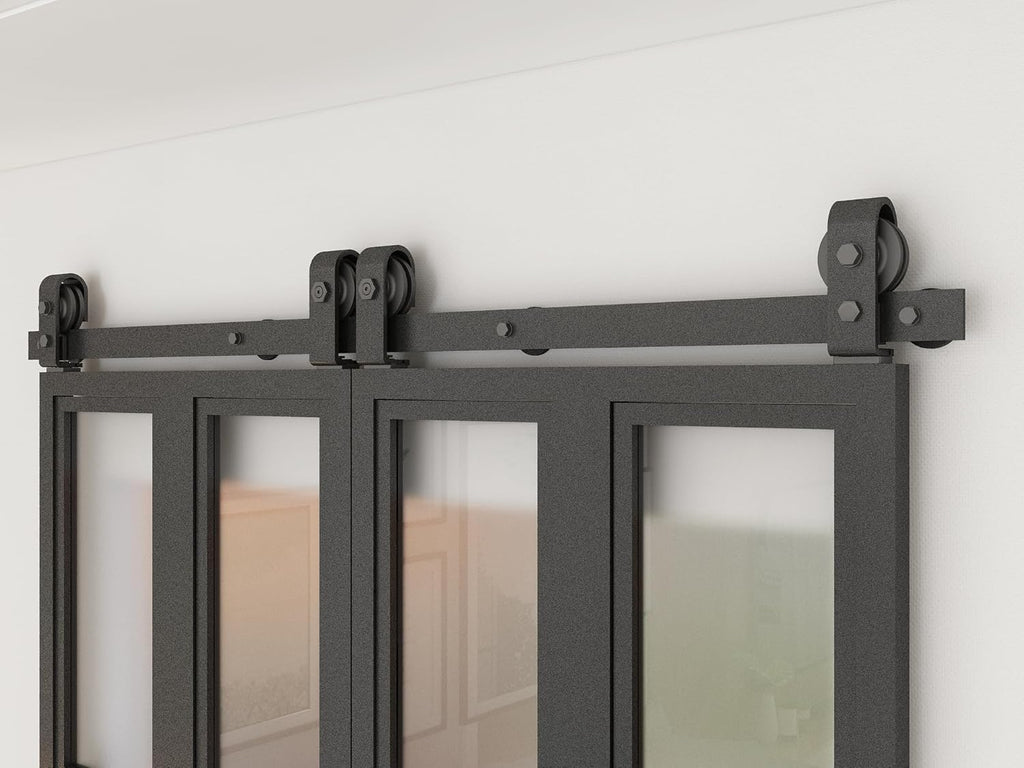 48 in. x 84 in. 3/4 Lites Frosted Glass Black Steel Frame Double Bi-Fold Barn Doors with Hardware Ki